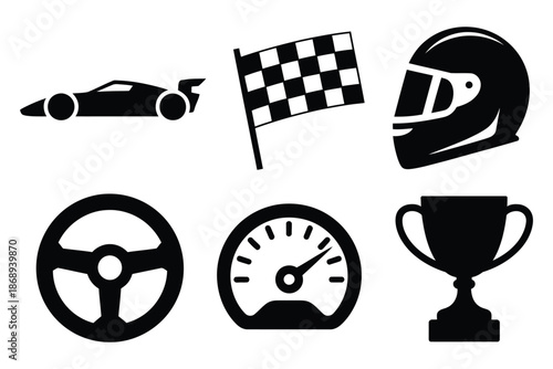 Racing Icons Essential Motorsport Silhouettes, Including Cars, Helmets, Flags, and Trophies, Vector Illustrations