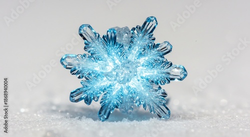 降り積もる静寂な白い雪の上に凛と立つ青く輝く氷の結晶 まるで宝石のように内部から放たれる鮮やかな光が透明な層の複雑な模様を神秘的に照らし出し澄み切った冷たい冬の空気感を伝える幻想的な美しさ. AI Generated