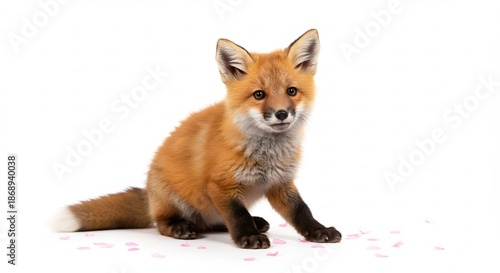 明るいスタジオライトに照らされた赤毛の可愛いキツネの子ぎつね。純白の背景が愛らしさを際立たせ、まっすぐ見つめる瞳が魅力的。. AI Generated