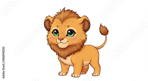 愛らしい瞳で正面を見つめるふわふわの小さな子ライオン 明るい白背景に可愛らしく立つデジタルイラスト. AI Generated