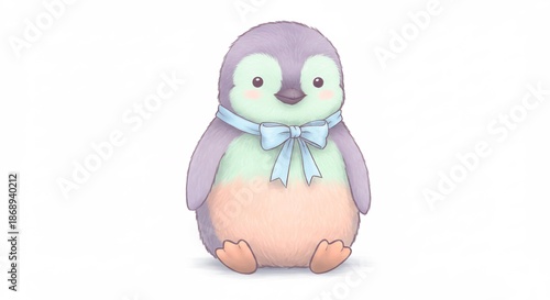 魅力的なパステルカラーで彩られたふわふわの赤ちゃんペンギンの愛らしいイラストが白い背景に映え水色のリボンをつけ柔らかな光に包まれ穏やかに座る. AI Generated