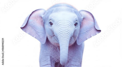真っ白な背景に浮かび上がる愛らしい青白い子象優しい光に包まれ純粋な瞳でまっすぐ見つめる夢のような動物ポートレート. AI Generated