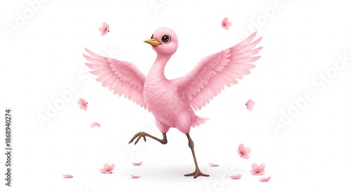 ふんわりピンクのひなが優雅に羽を広げ舞い踊る幻想的な春の光景散りゆく花びらが彩る癒やしのアートワーク. AI Generated