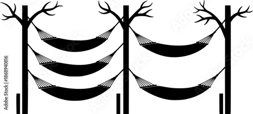 Four hammocks suspended between trees and posts in a simple silhouette style


