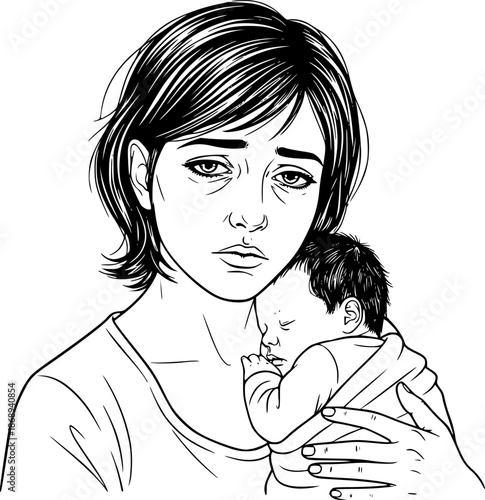 Illustrative image of a mom with baby blues or postpartum

