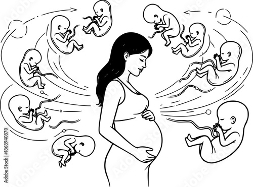 An illustration of a pregnant woman surrounded by floating fetuses representing the various stages of fetal development
