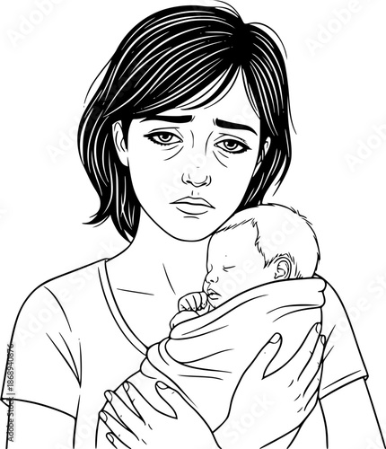 Illustrative image of a mom with baby blues or postpartum
