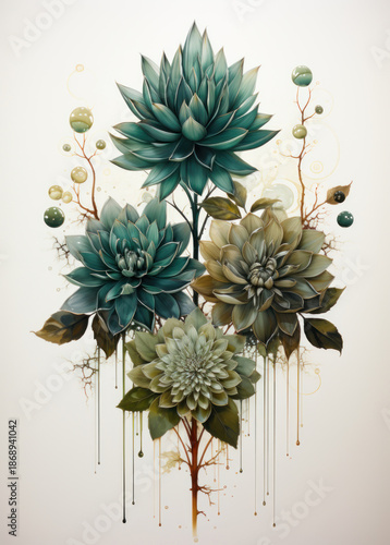A decorative artistic illustration featuring fantasy flowers, executed in a refined botanical style.  