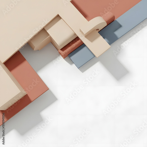 Clean promotional background with abstract geometric shapes, soft shadows, large copy space