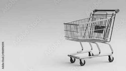 “Clean promotional image with shopping cart isolated on neutral background, wide composition, copy space