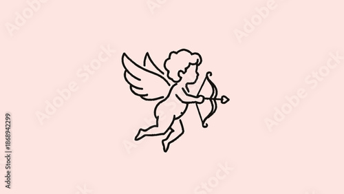 Minimalist outline drawing of Cupid holding a bow and arrow on a soft pink background, romantic and angelic.