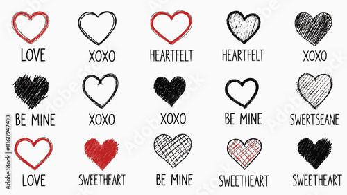 Diverse collection of hand-drawn heart icons with various love-related words like "Love," "XOXO," "Heartfelt," "Be Mine," and "Sweetheart" on an isolated white background.