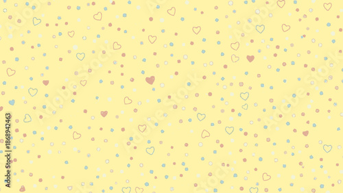 Cheerful seamless pattern of tiny hearts and dots on a light yellow background.