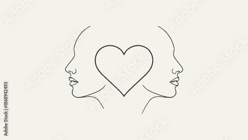 Minimalist line art illustration of two loving faces connected by a heart in a bright studio.
