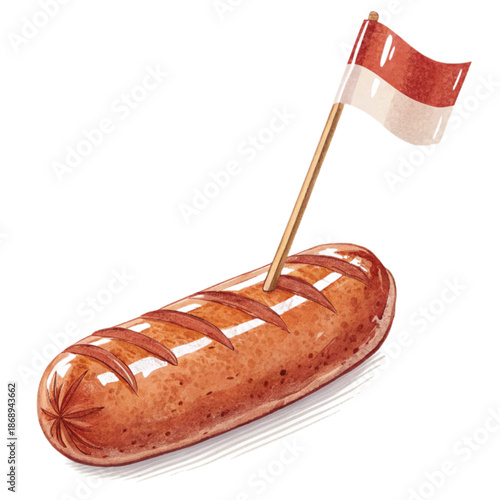 A cocktail sausage skewered with a flag toothpick, perfect for parties and events.