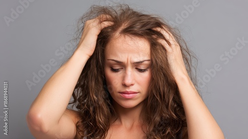 woman very sad and upset looking at damaged hair, hair loss, hair thinning problem, vitamin deficiency, baldness, postpartum, biotin, zinc, menstrual or endocrine disorders, hormonal imbalance