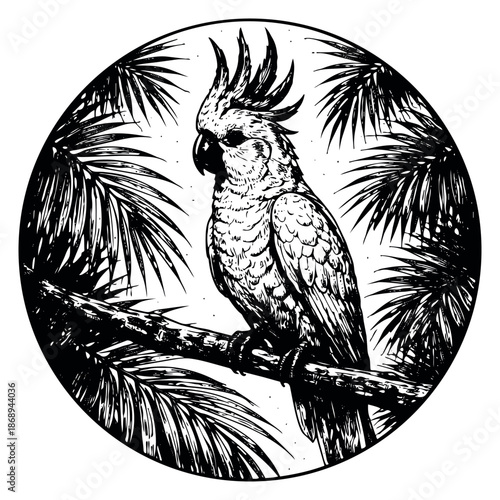 Hand drawn line art illustration of a cockatoo depicting it perched on a branch within a circular frame for tropical designs