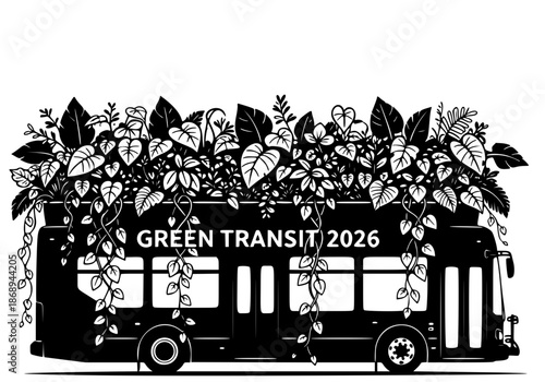 Urban Rewilding and Green Transit 2026 Concept. Black Vector of City Bus with Botanical Roof Garden. Sustainable Public Transport Illustration.