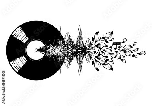 Artificial Intelligence Music and Creativity Concept. Black Vector of Vinyl Record with AI Neural Network and Floral Musical Notes. Tech Art.