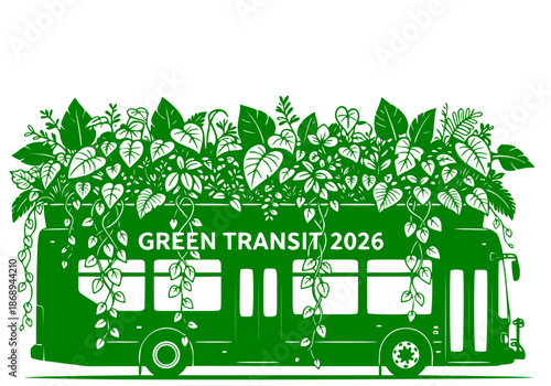Urban Rewilding and Green Transit 2026 Concept. Black Vector of City Bus with Botanical Roof Garden. Sustainable Public Transport Illustration.
