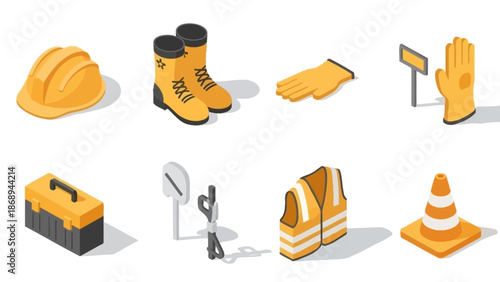 Construction Equipment and Safety Gear Icons.