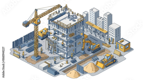 Industrial Construction Site with Crane and Buildings.