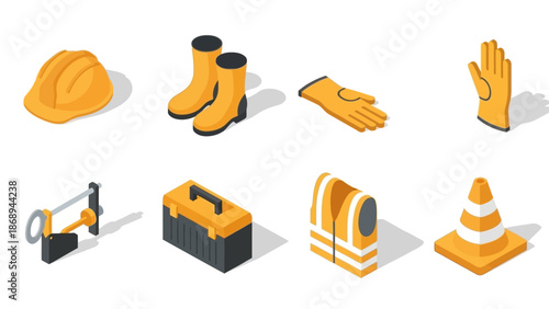 Construction Equipment and Safety Gear Icons.