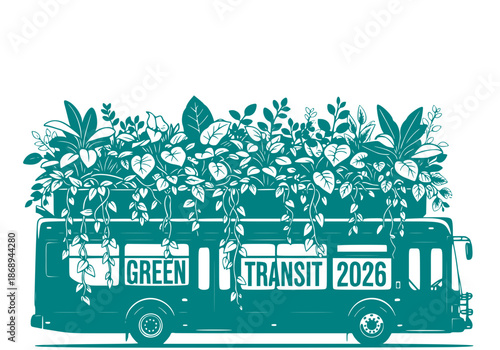Urban Rewilding and Green Transit 2026 Concept. Black Vector of City Bus with Botanical Roof Garden. Sustainable Public Transport Illustration.