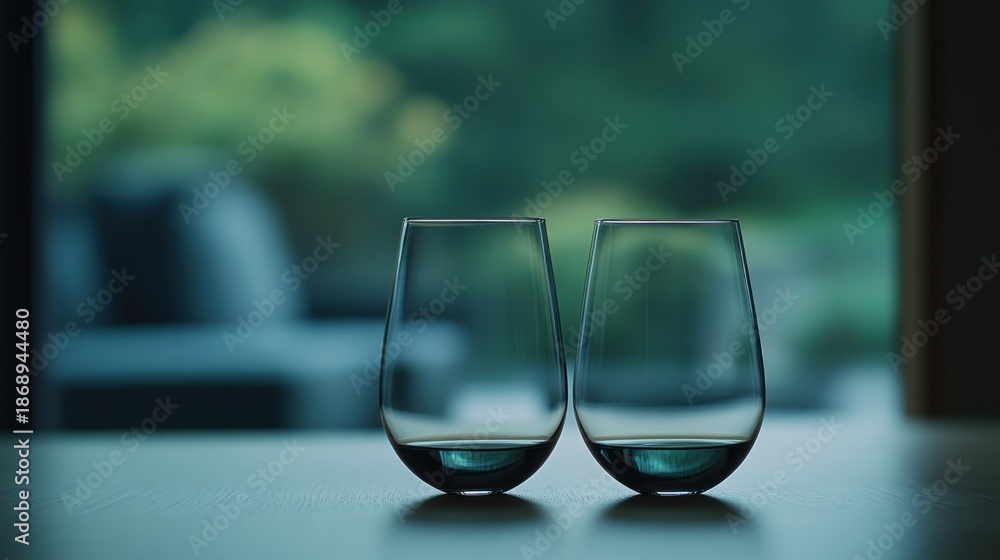 Obraz premium Two clear glasses stand on a table.