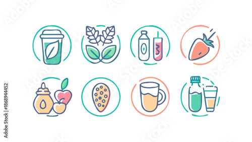 Superfoods & Healthy Drinks Flat Icons. Minimal flat icon set of 8 superfoods wellness des and health drinks with smooth curves and consistent line weight—ideal for modern nutrition branding.