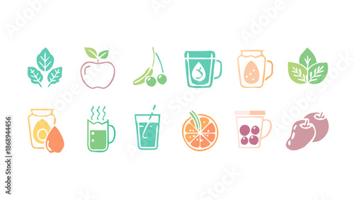 Superfoods & Healthy Drinks Flat Icons. Minimal flat icon set of 12 superfoods wellness des and health drinks with smooth curves and consistent line weight—ideal for modern nutrition branding.