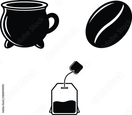 black and white illustration of coffee cup bean and tea bag on white background
