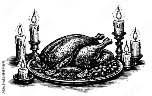 Vintage hand drawn line art feast scene set featuring roasted turkey and lit candles for holiday celebration