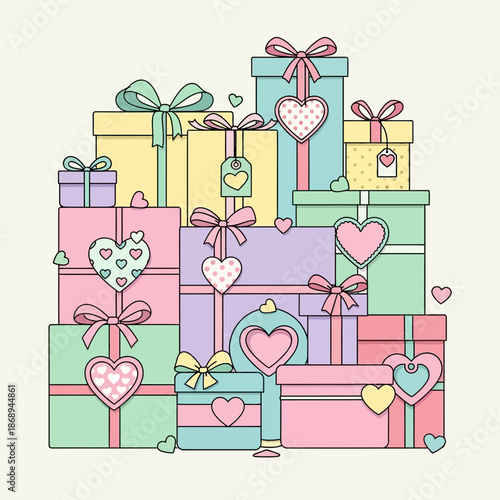 Pile of Pastel Gift Boxes with Hearts, Valentine's Day, Celebration, Birthday, Surprise