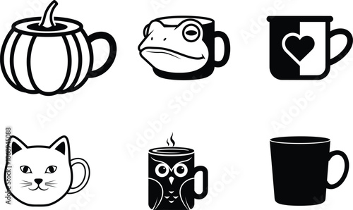 Black and white illustrations of various cups and mugs with animal designs and heart symbol