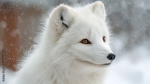 Alaska USA arctic fox portrait, fluffy white fox in pristine snow, wildlife minimalism