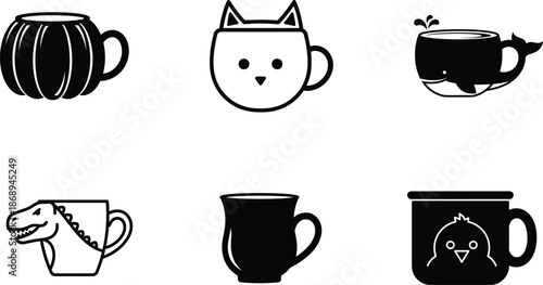 Collection of cartoon animal and regular coffee mugs on white background