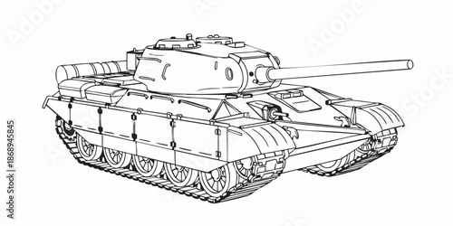 Detailed military tank line art illustration, modern armored battle tank outline, black and white vector drawing, side perspective