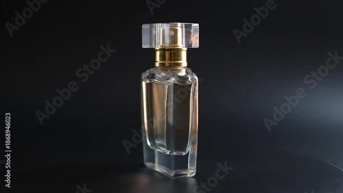 Wallpaper Mural A clear glass perfume bottle with a gold cap on a dark reflective surface against a black background with a subtle light gradient. Torontodigital.ca