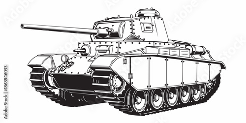 Detailed military tank line art illustration, modern armored battle tank outline, black and white vector drawing, side perspective