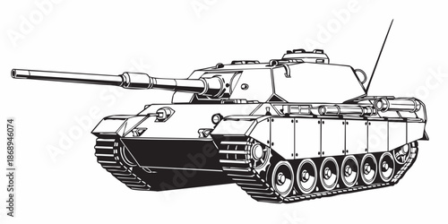 Detailed military tank line art illustration, modern armored battle tank outline, black and white vector drawing, side perspective