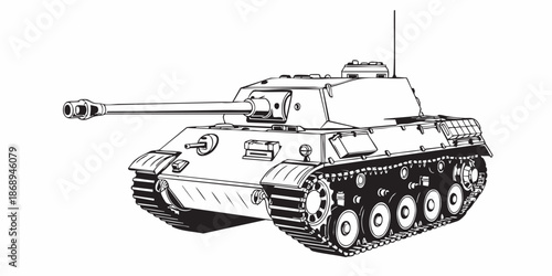 Detailed military tank line art illustration, modern armored battle tank outline, black and white vector drawing, side perspective