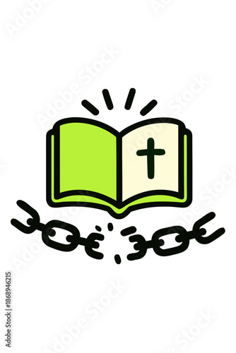 An illustrated image of a book with a cross and a broken chain, symbolizing freedom. This image evokes themes of liberation, faith, and knowledge
