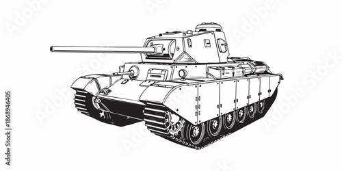 Detailed military tank line art illustration, modern armored battle tank outline, black and white vector drawing, side perspective