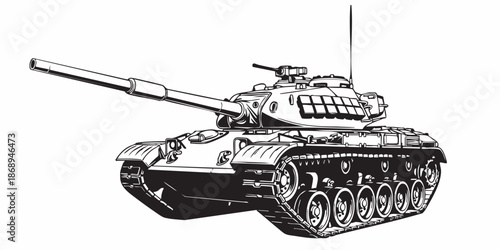 Detailed military tank line art illustration, modern armored battle tank outline, black and white vector drawing, side perspective