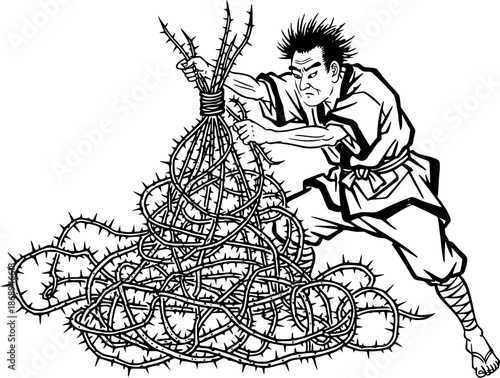Sumi-e Illustration: Man Constructing a Prickly Vine Trap for De
