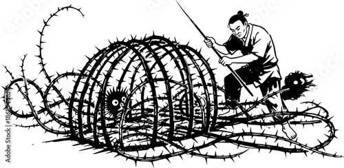 Sumi-e Illustration: Man Constructing a Prickly Vine Trap for De
