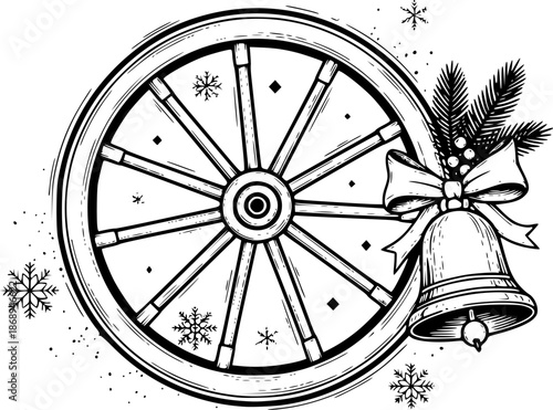 Engraved depiction of vintage wheel with bell, winter-themed mon

