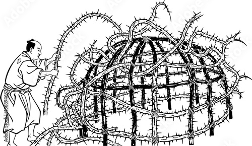 Sumi-e Illustration: Man Constructing a Prickly Vine Trap for De

