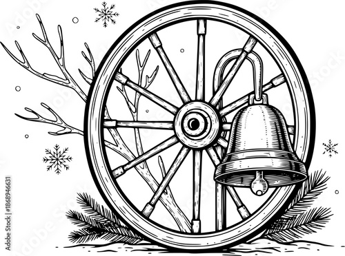 Engraved depiction of vintage wheel with bell, winter-themed mon
